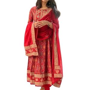 NUVIRA Women's Cotton Anarkali Embroidery Designer Long Anarkali Kurti With Pant and Dupatta Set (Red)