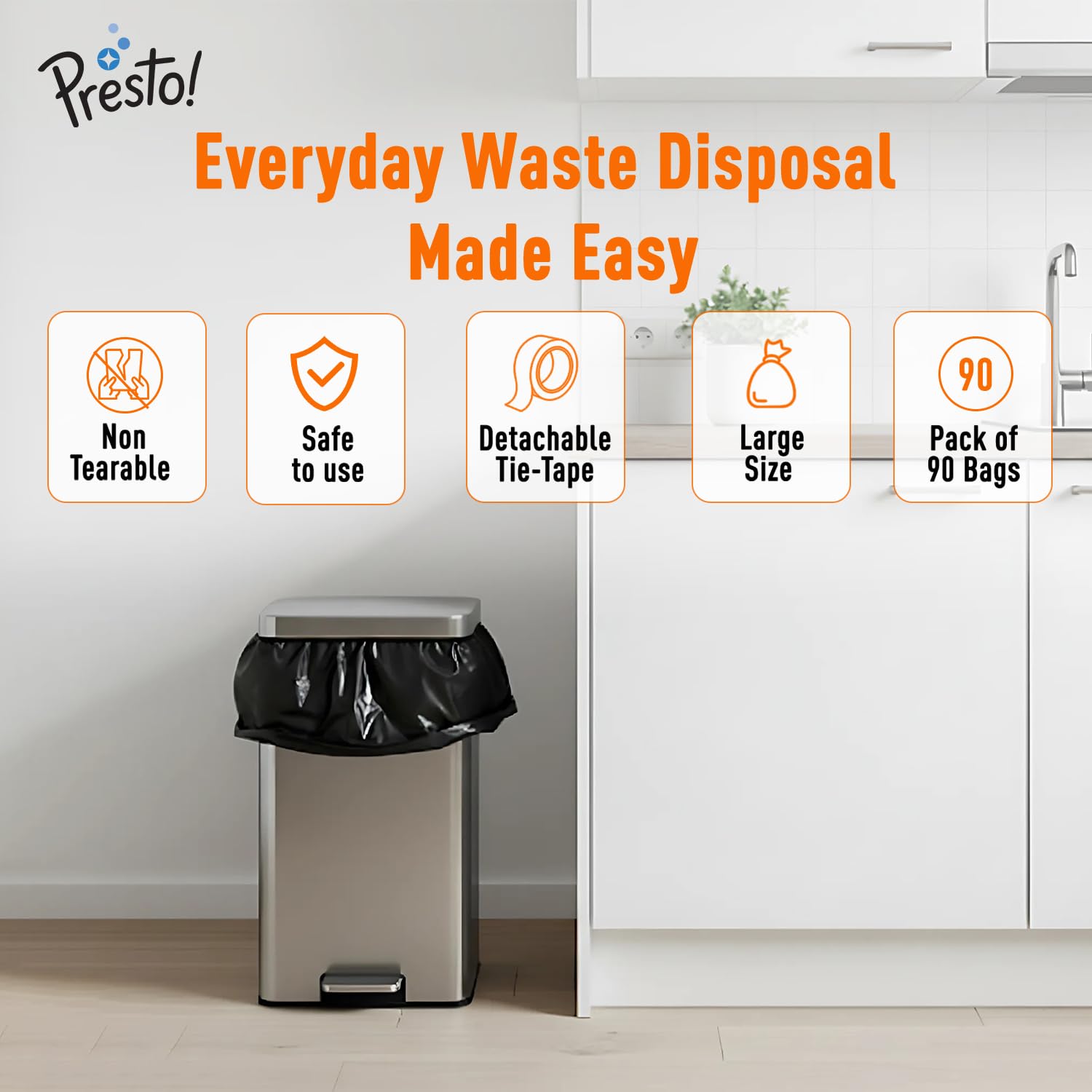 Dailyshopz Brand - Presto! Garbage Bags | Medium | 180 Count | 30 Bags X 6 Rolls | 19 X 21 Inches | For Dry & Wet Waste | Black - Image 7
