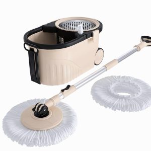 Bonkaso Spin Mop with Stainless Steel Wringer & Big Wheels | 360° Rotating Mop, Adjustable Handle | Easy Floor Cleaning Bucket Set with 2 Microfiber Refills – Beige & Black (46 x 26.5 x 23 cm)