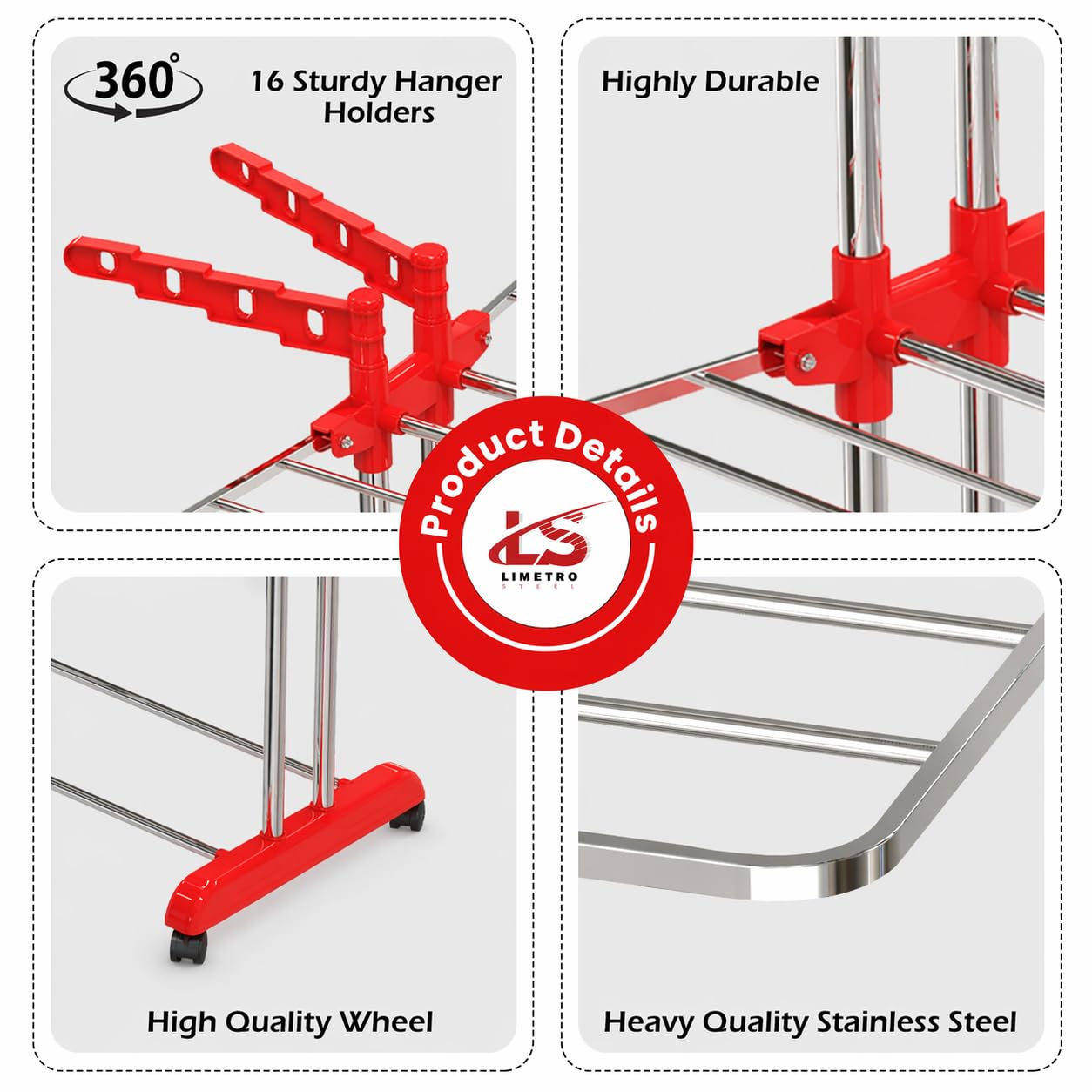 LiMETRO STEEL Premium Clothes Drying Stand Foldable with Wings | Heavy Duty Steel Clothes Stand | Rust Proof Cloth Dryer Stand | Space Saving Clothes Drying Rack for Balcony & Indoor Use - Image 3