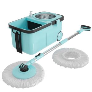 BonKaso Rider 360° Spin Mop with Stainless Steel Wringer, Big Wheels & Adjustable Handle, Easy Floor Cleaning Mop Bucket Set with 2 Microfiber Refills – Sky Blue & Black