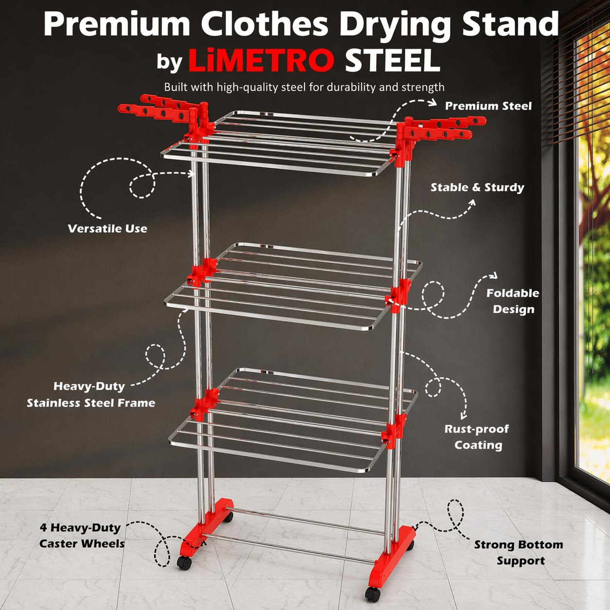 LiMETRO STEEL Premium Clothes Drying Stand Foldable with Wings | Heavy Duty Steel Clothes Stand | Rust Proof Cloth Dryer Stand | Space Saving Clothes Drying Rack for Balcony & Indoor Use - Image 5