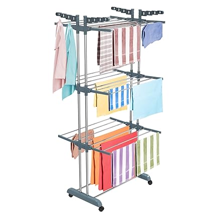 LiMETRO STEEL Stainless Steel Foldable Cloth Dryer Stand Double Rack Cloth Stands for Drying Clothes Steel (Cross), 120x54x4 cm