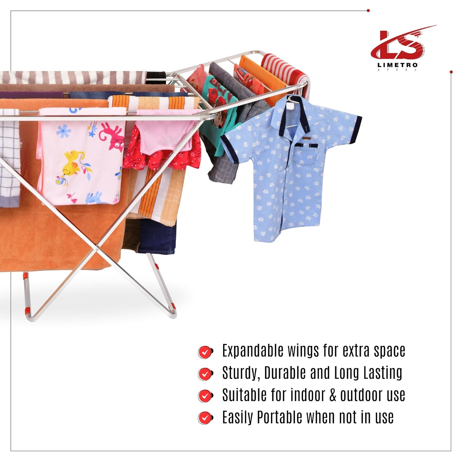 LiMETRO STEEL Stainless Steel Foldable Cloth Dryer Stand Double Rack Cloth Stands for Drying Clothes Steel (Cross), 120x54x4 cm - Image 7
