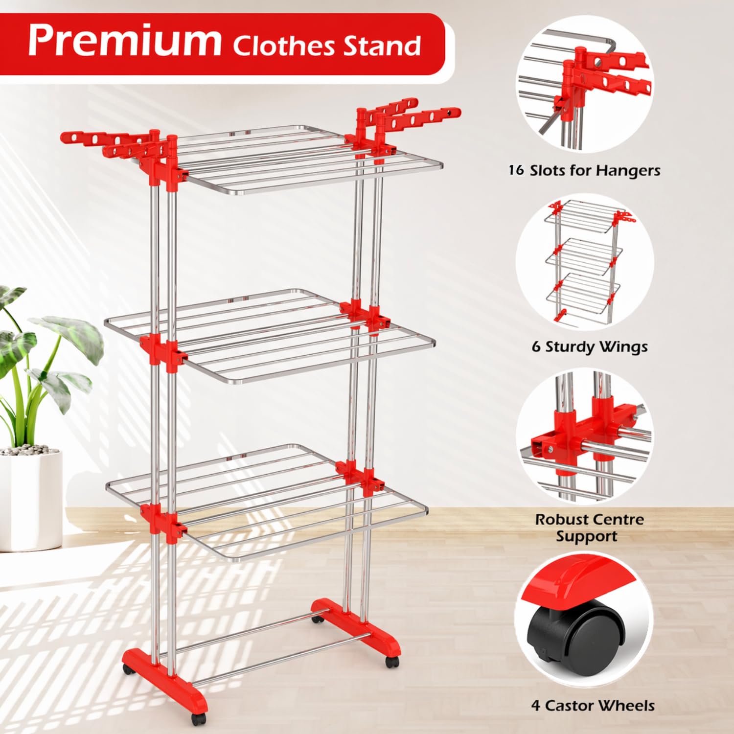 LiMETRO STEEL Premium Clothes Drying Stand Foldable with Wings | Heavy Duty Steel Clothes Stand | Rust Proof Cloth Dryer Stand | Space Saving Clothes Drying Rack for Balcony & Indoor Use - Image 4
