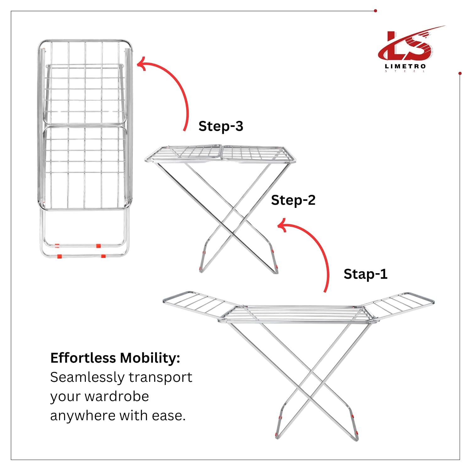 LiMETRO STEEL Stainless Steel Foldable Cloth Dryer Stand Double Rack Cloth Stands for Drying Clothes Steel (Cross), 120x54x4 cm - Image 4