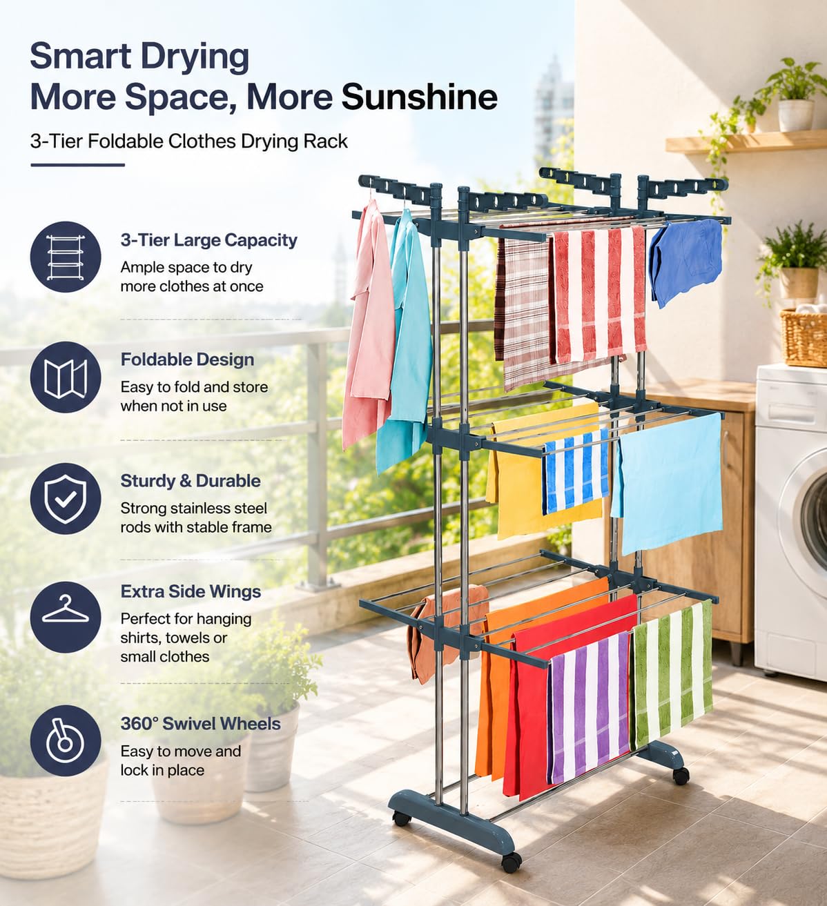 LiMETRO STEEL Stainless Steel Foldable Cloth Dryer Stand Double Rack Cloth Stands for Drying Clothes Steel (Cross), 120x54x4 cm - Image 3