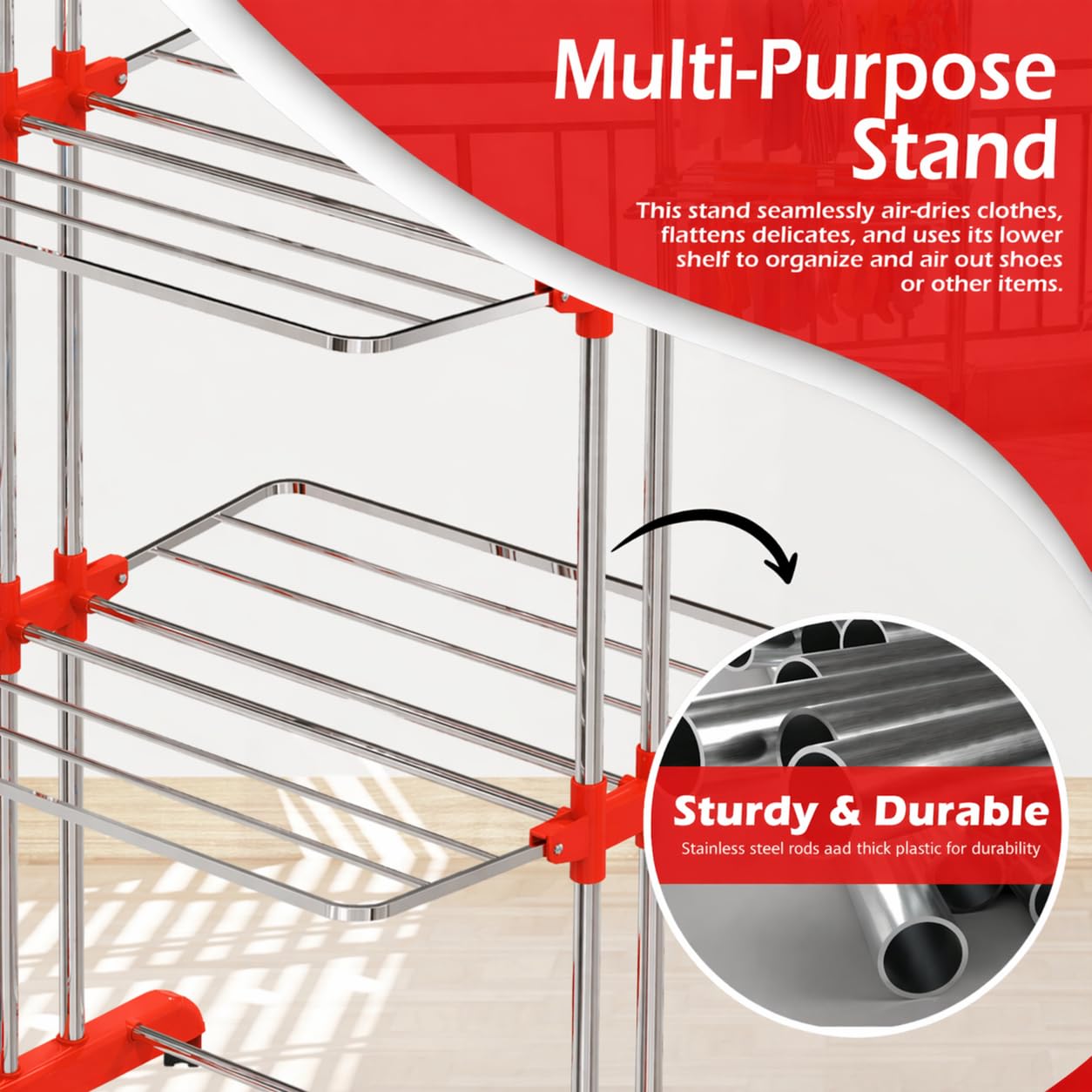LiMETRO STEEL Premium Clothes Drying Stand Foldable with Wings | Heavy Duty Steel Clothes Stand | Rust Proof Cloth Dryer Stand | Space Saving Clothes Drying Rack for Balcony & Indoor Use - Image 6
