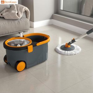 Bonkaso Spin Mop with Stainless Steel Wringer & Big Wheels | 360° Rotating Mop, Adjustable Handle | Easy Floor Cleaning Bucket Set with 2 Microfiber Refills – Grey & Orange (46 x 26.5 x 23 cm)