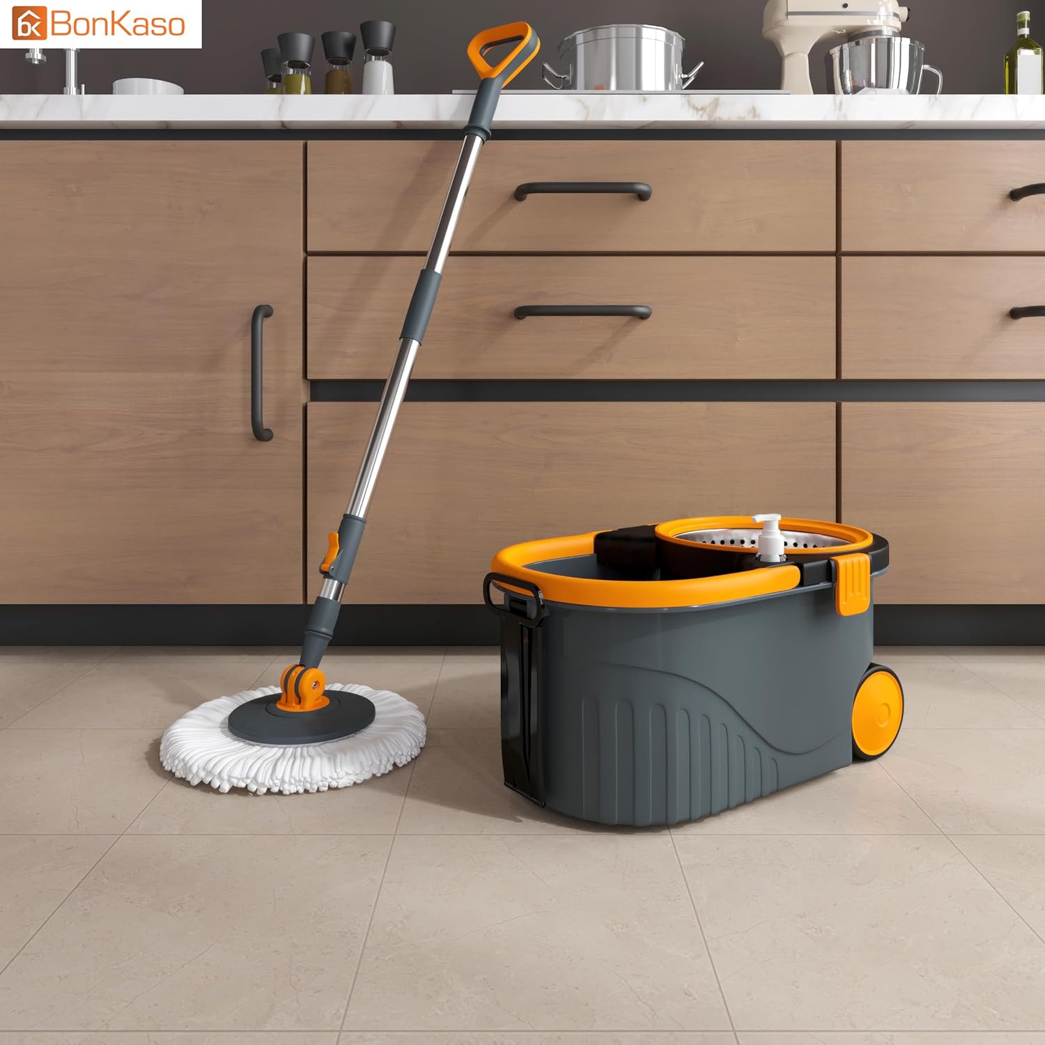 Bonkaso Spin Mop with Stainless Steel Wringer & Big Wheels | 360° Rotating Mop, Adjustable Handle | Easy Floor Cleaning Bucket Set with 2 Microfiber Refills – Grey & Orange (46 x 26.5 x 23 cm) - Image 4