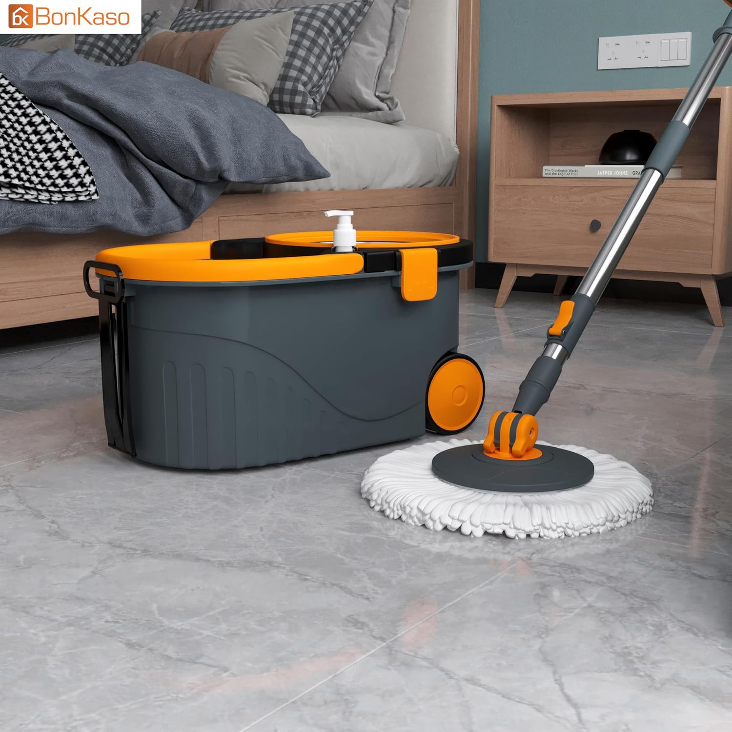 Bonkaso Spin Mop with Stainless Steel Wringer & Big Wheels | 360° Rotating Mop, Adjustable Handle | Easy Floor Cleaning Bucket Set with 2 Microfiber Refills – Grey & Orange (46 x 26.5 x 23 cm) - Image 3
