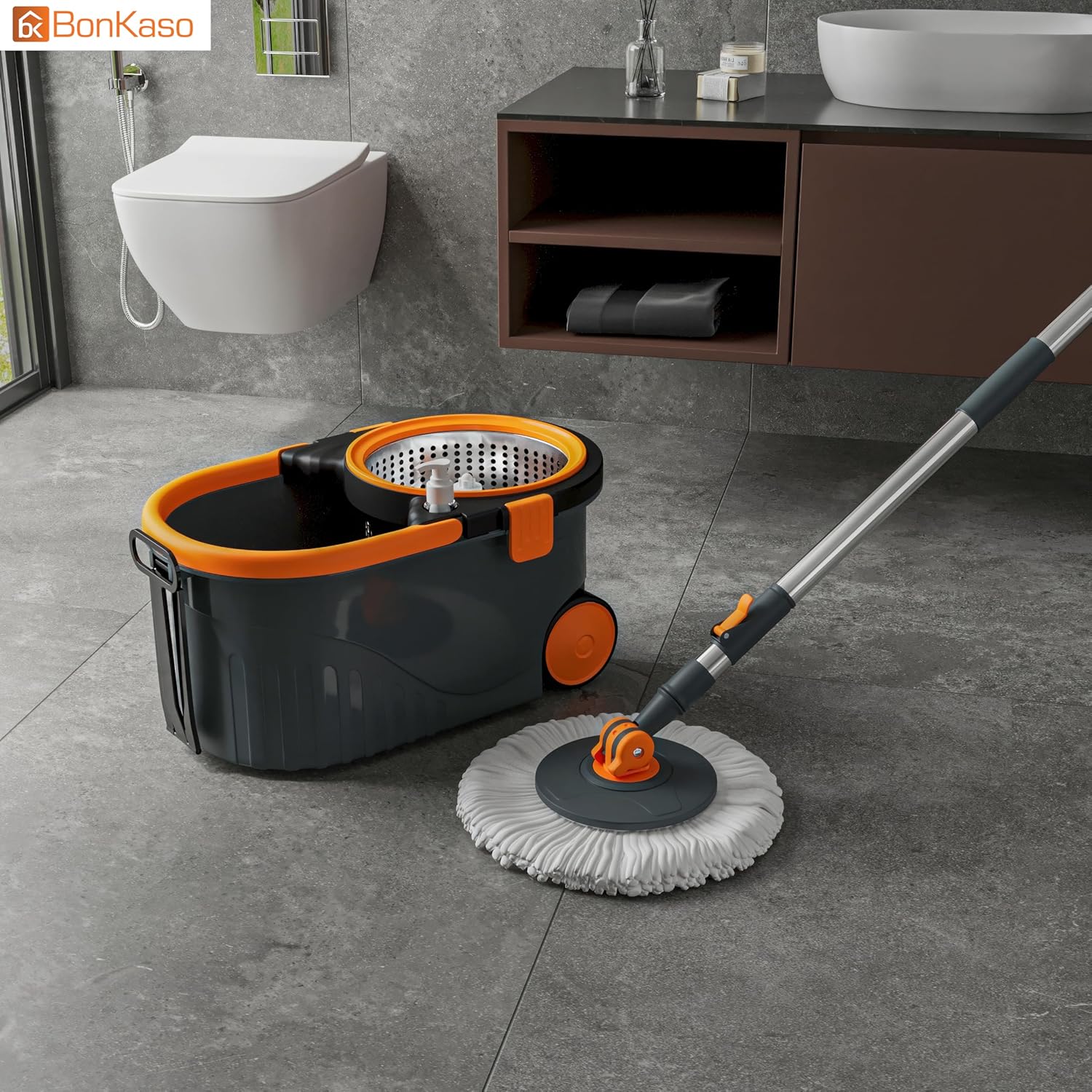 Bonkaso Spin Mop with Stainless Steel Wringer & Big Wheels | 360° Rotating Mop, Adjustable Handle | Easy Floor Cleaning Bucket Set with 2 Microfiber Refills – Grey & Orange (46 x 26.5 x 23 cm) - Image 2
