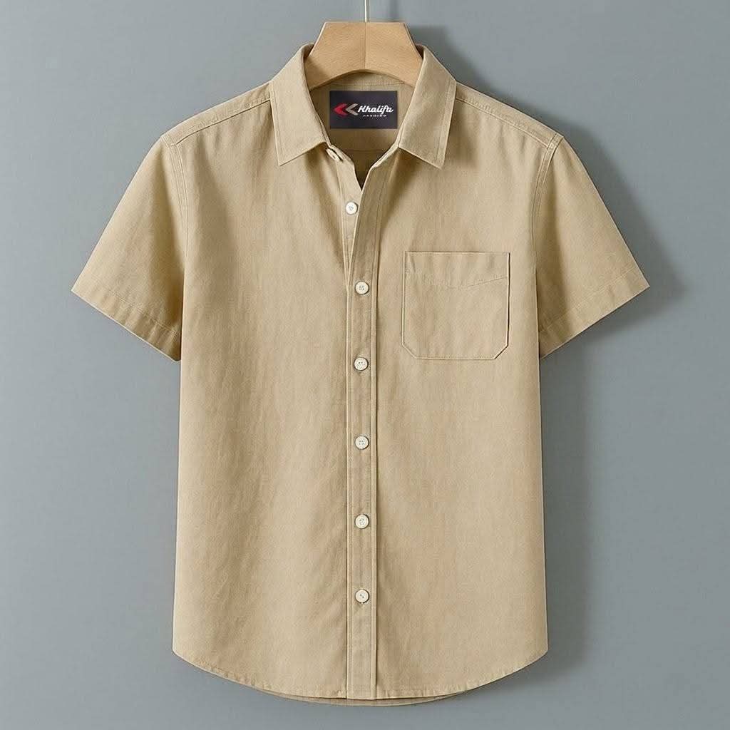 Men's Beige Casual Half Sleeve Shirt - Image 6