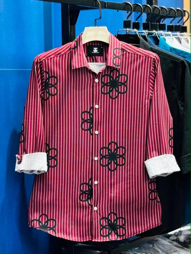 Maroon Striped Floral Print Casual Shirt - Image 5
