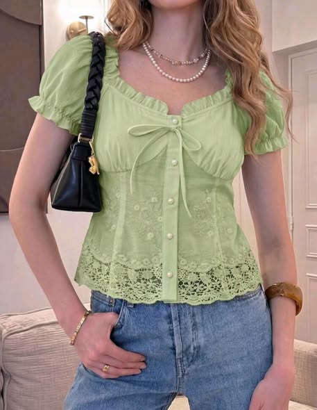 Women’s Floral Lace Puff Sleeve Bow Top - Image 2