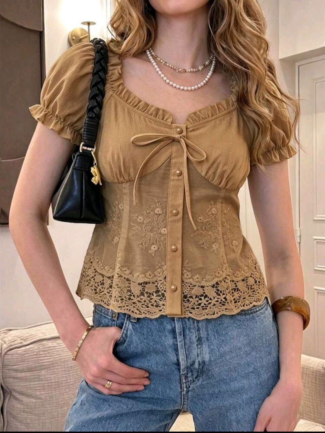 Women’s Elegant Lace Trim Puff Sleeve Top - Image 3