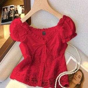 Women’s Elegant Lace Trim Puff Sleeve Top