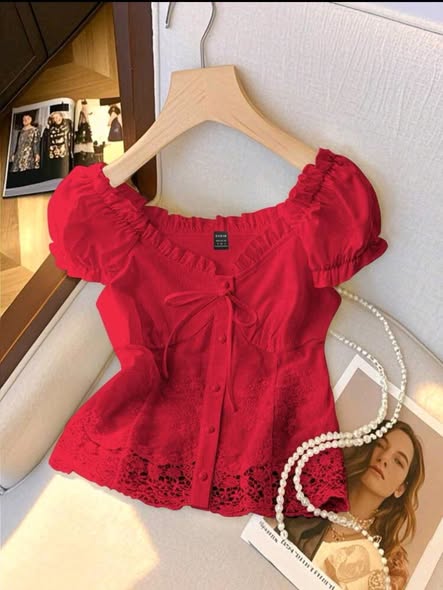 Women’s Elegant Lace Trim Puff Sleeve Top