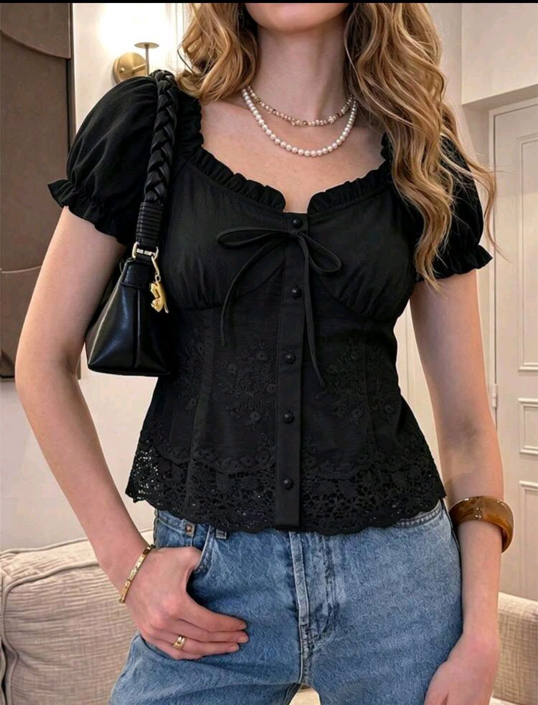 Women’s Floral Lace Puff Sleeve Bow Top - Image 3