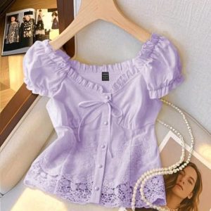 Women’s Floral Lace Puff Sleeve Bow Top
