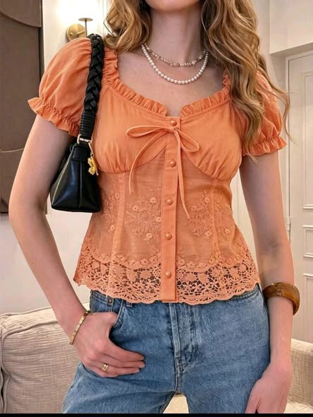 Women’s Elegant Lace Trim Puff Sleeve Top - Image 4