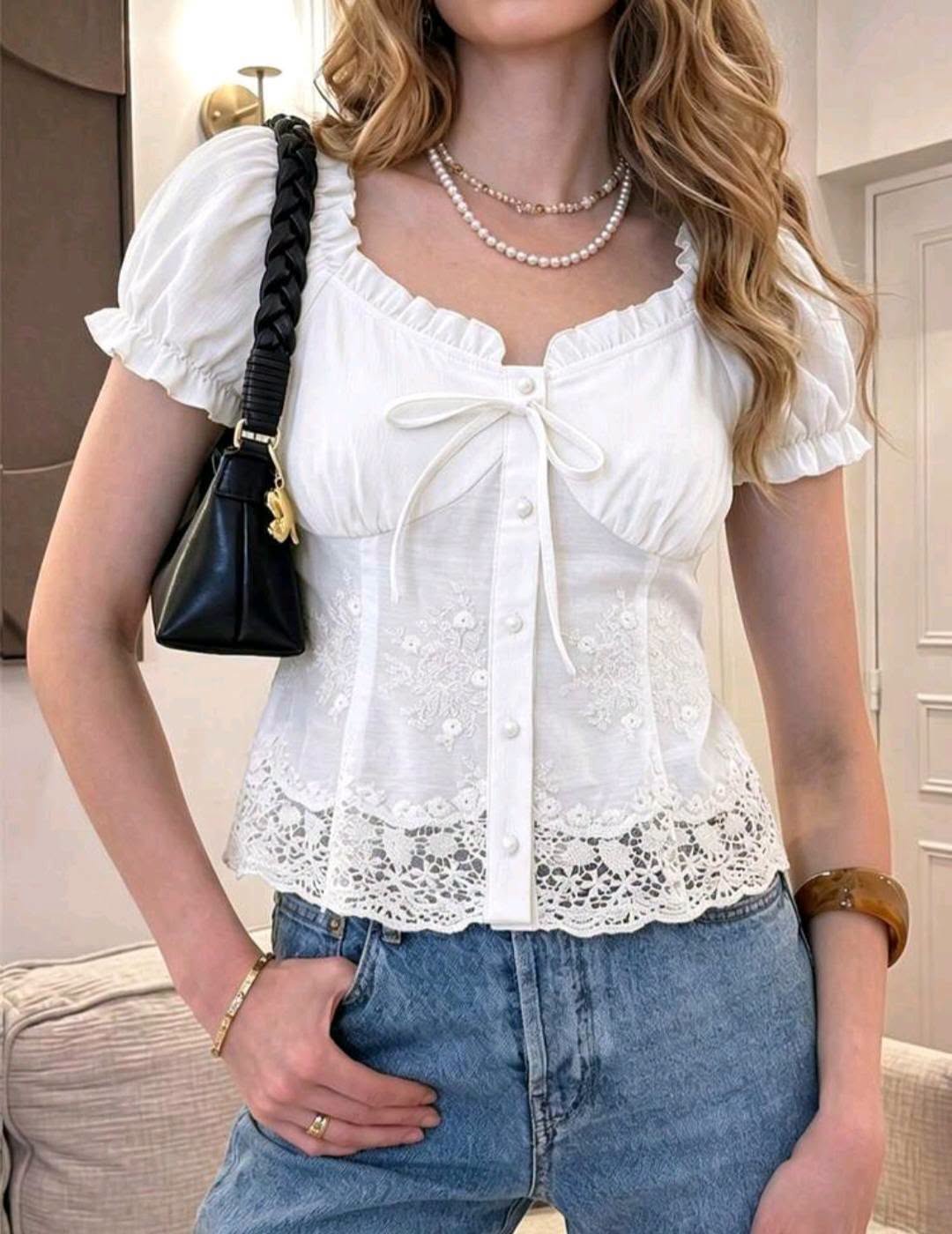 Women’s Floral Lace Puff Sleeve Bow Top - Image 4